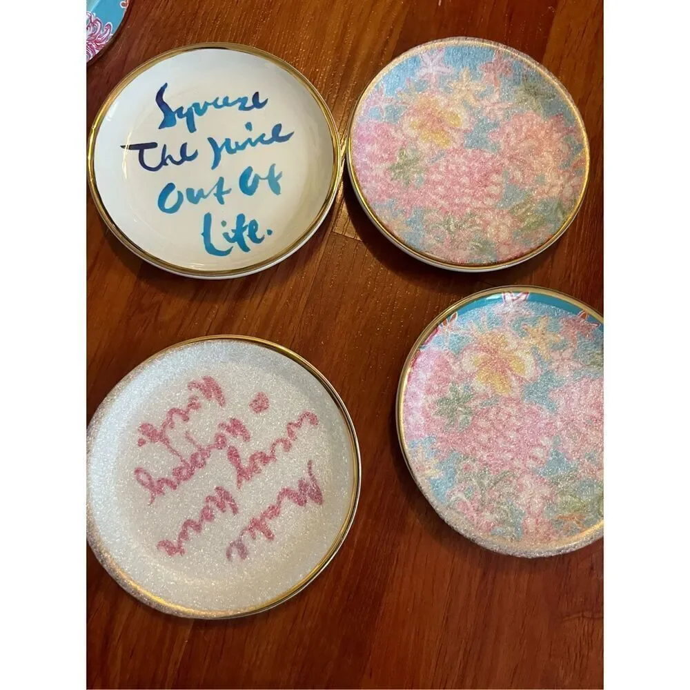 Set of 4 Lilly Pulitzer Ceramic Gold Rim Coasters 3.75